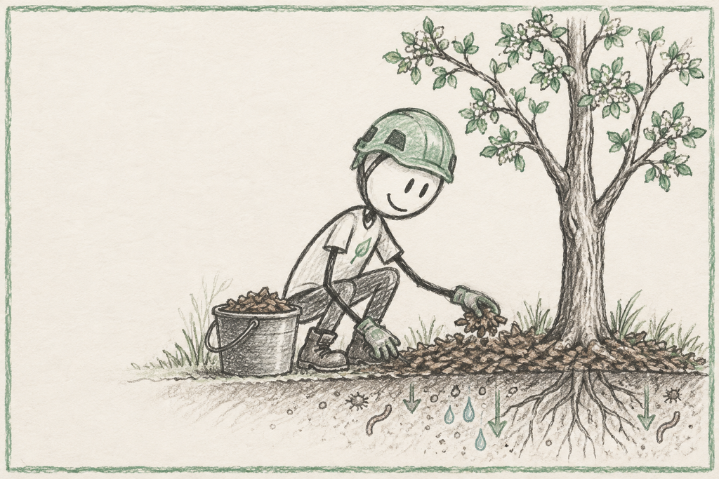 Illustratie van boomverzorger die mulch aanbrengt rondom een boom — dwarsdoorsnede toont hoe water en bodemleven de wortelzone bereiken — groeiplaatsverbetering door Sonnemans Boomverzorging